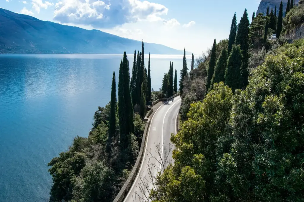 Strada costiera panoramica circondata da cipressi e lago.